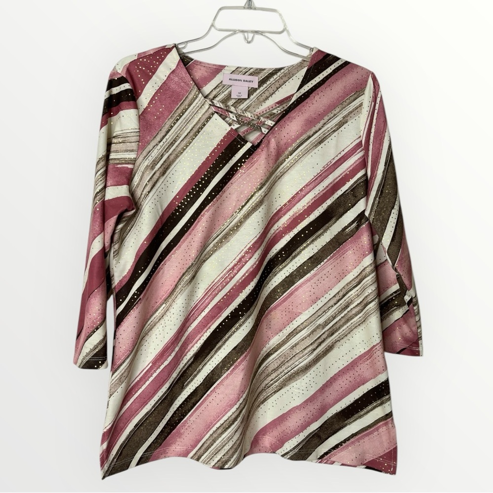 Allison Daley Caged V-Neck 3/4 Sleeve Womens M Pullover Blouse Pink Gold